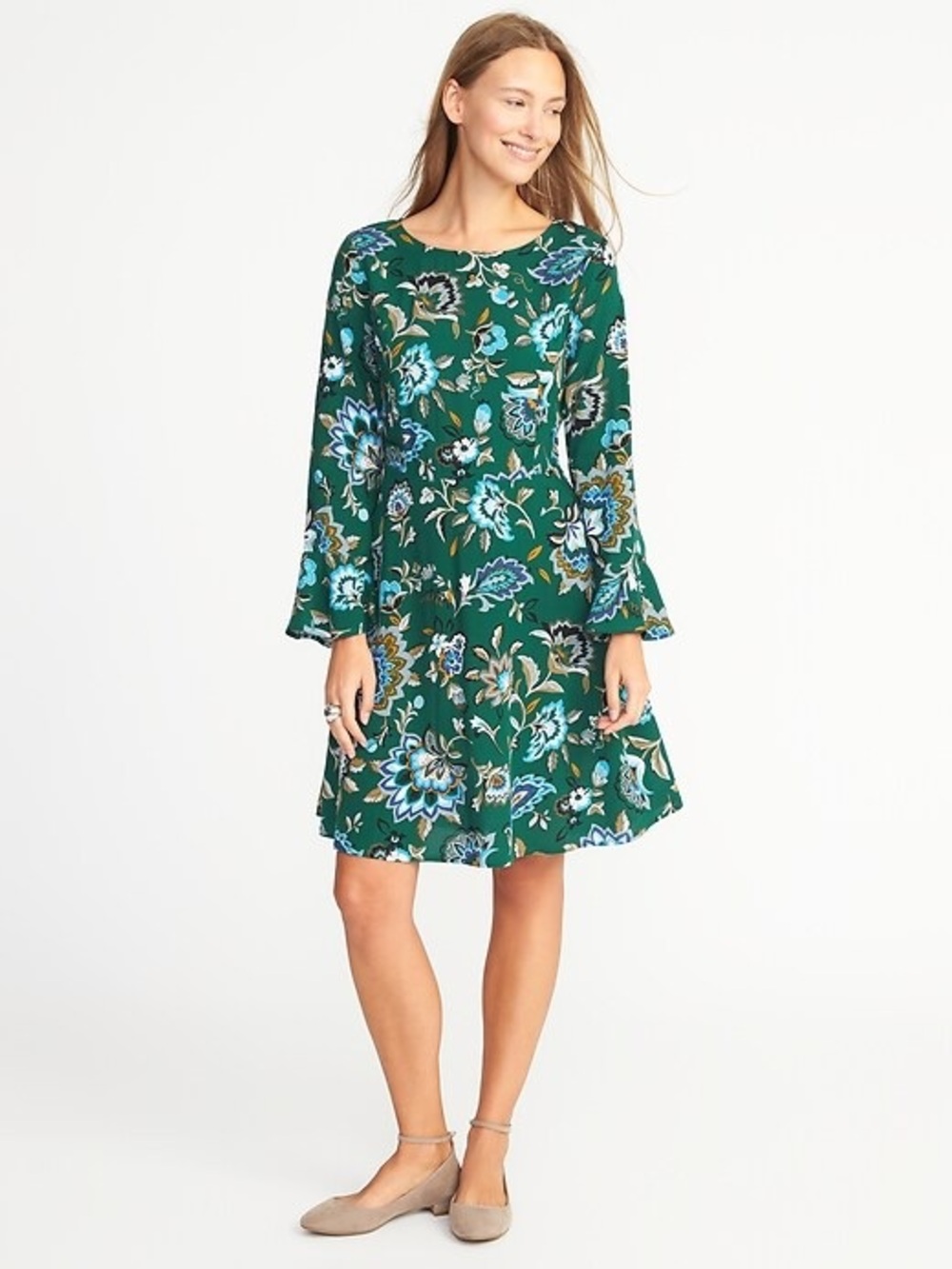 Floral A-Line Long-Sleeve Dress in Green size 14 old navy